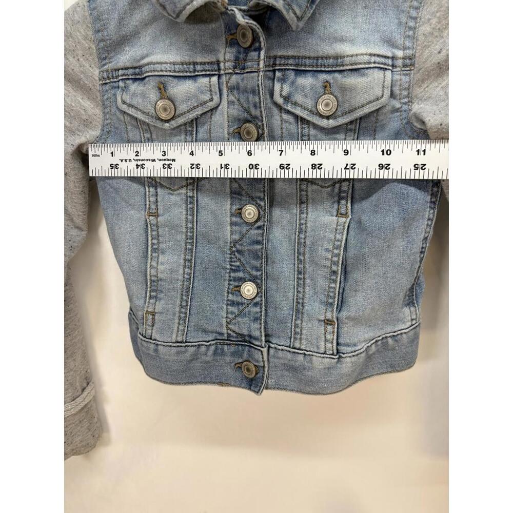 SO Girls Knit Sleeve Denim Jacket Wash Blue & Gray Hooded Youth Sz Small - Picture 5 of 6